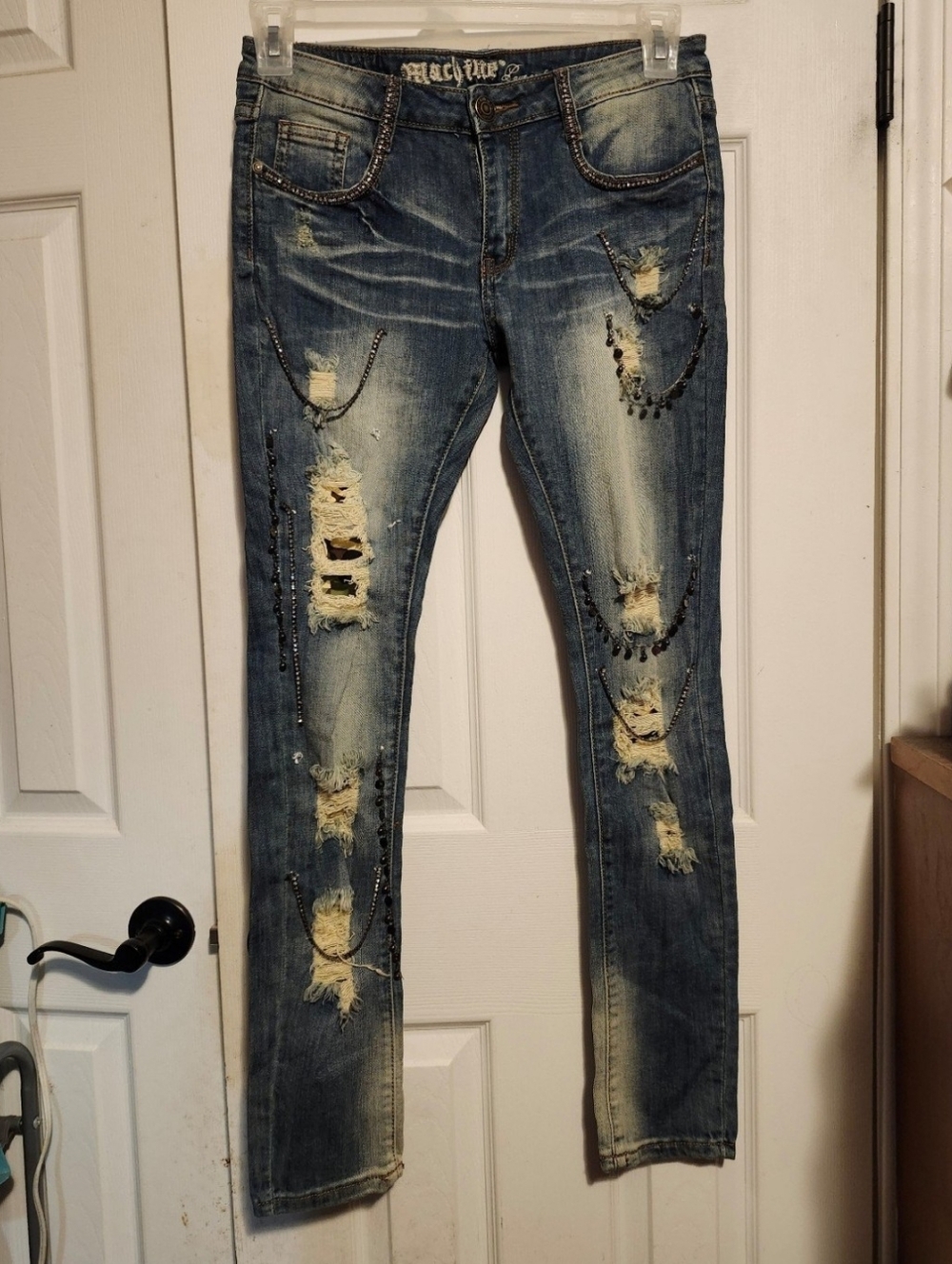 Distressed Skinny Jeans with Beaded Accents